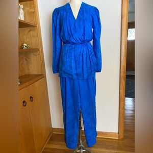 Stanley Sherman Vibrant Royal Blue Jumpsuit 2pc Silk Rose Jacquard Pattern